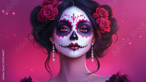 A Mexican woman wearing colorful Day of the Dead makeup on her face on a pink background.