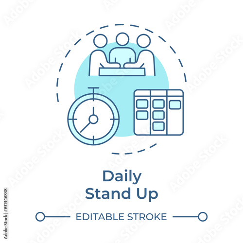 Daily stand up concept icon. Time schedule, meeting management. Business grouping. Round shape line illustration. Abstract idea. Graphic design. Easy to use in infographic, presentation