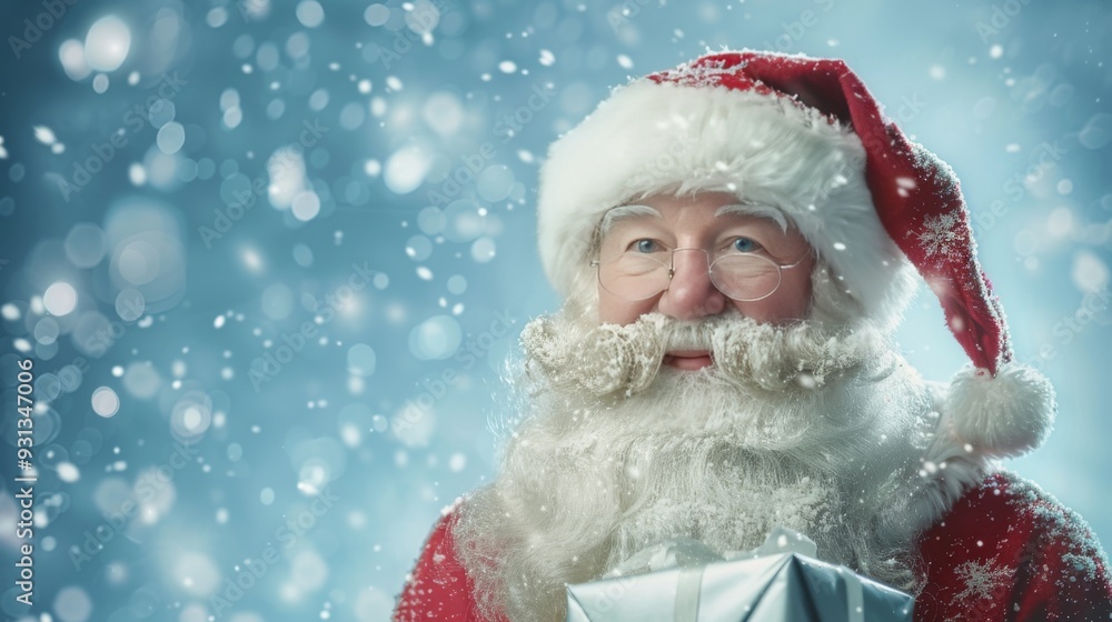 Santa Claus with gift box, Christmas background Santa Claus with gift box, Christmas background