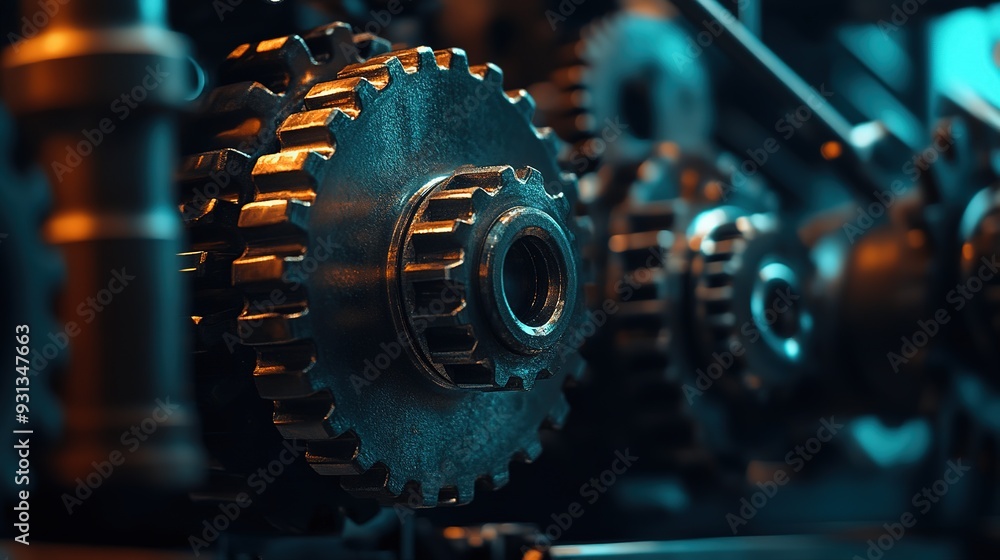 Close-up of intricate metal gears in a vintage machine illuminated by warm light in a workshop setting Close-up of intricate metal gears in a vintage machine illuminated by warm light in a workshop setting