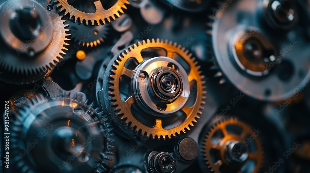 Close-up of intricate metal gears in a vintage machine illuminated by warm light in a workshop setting Close-up of intricate metal gears in a vintage machine illuminated by warm light in a workshop setting