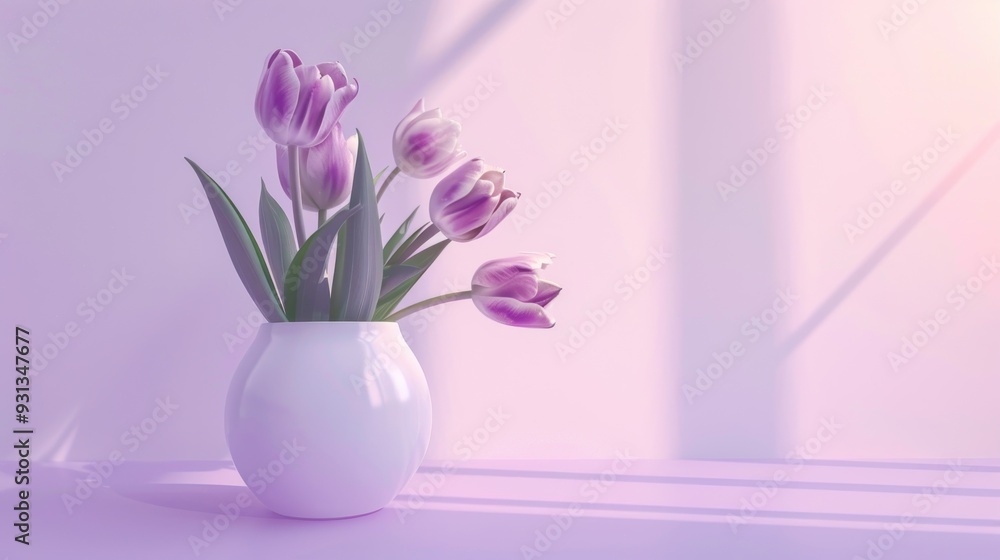 Purple Tulips in a White Vase Against a Soft Pink Background Purple Tulips in a White Vase Against a Soft Pink Background