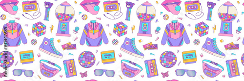 Seamless pattern colorful elements 80s 90s. Disco ball, sunglasses and bubble gum, cassette. Vector background, print, wallpaper