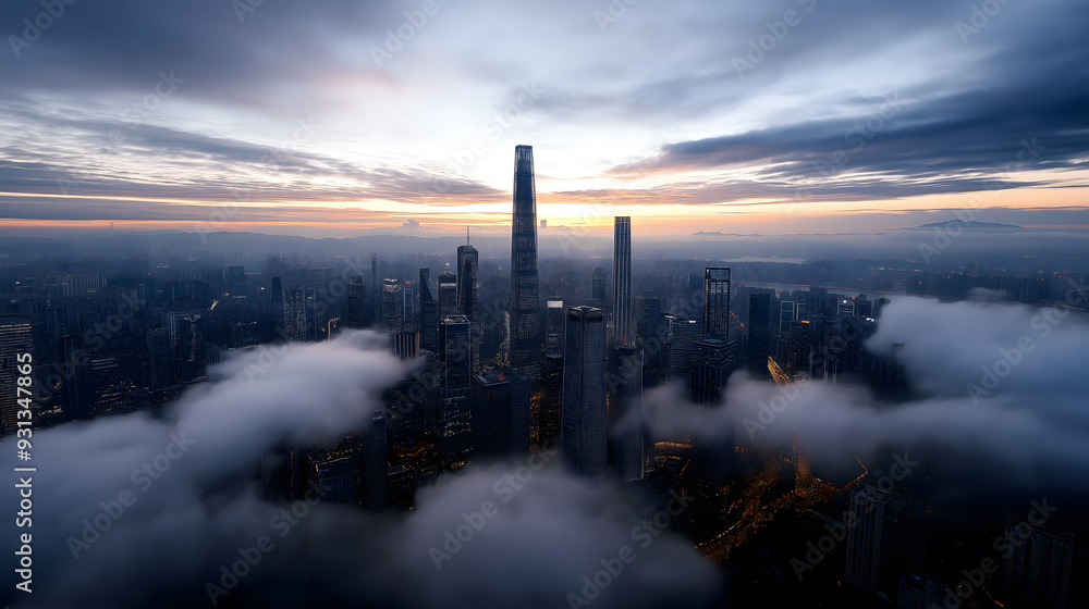 The city skyline lined with high-rise buildings bathed in morning light. This high-angle shot offers a sweeping view of the urban landscape, showcasing the architectural details against a soft, early The city skyline lined with high-rise buildings bathed in morning light. This high-angle shot offers a sweeping view of the urban landscape, showcasing the architectural details against a soft, early