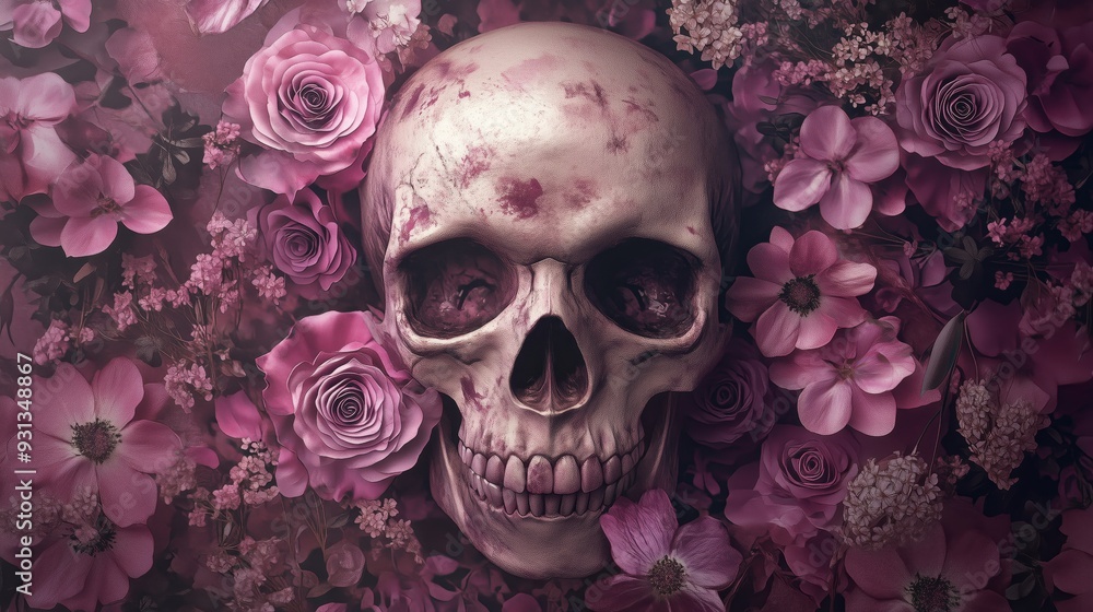 A skull surrounded by flowers, in pink and purple tones. A skull surrounded by flowers, in pink and purple tones.