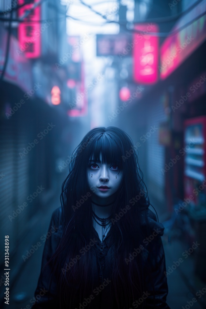 Moody portrait of a woman with dark hair standing in a neon-lit urban alley at night, evoking a sense of mystery and solitude. Moody portrait of a woman with dark hair standing in a neon-lit urban alley at night, evoking a sense of mystery and solitude.