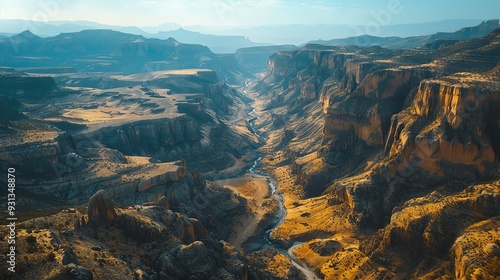 A breathtaking aerial view of a vast canyon landscape, showcasing dramatic cliffs, winding river, and distant mountains under a clear blue sky.