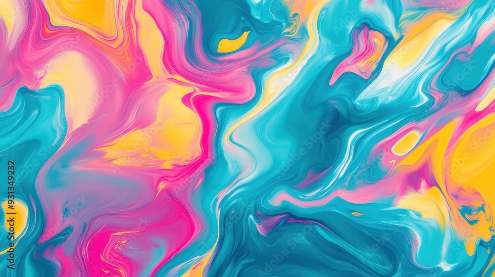 A vibrant abstract swirl of colors in pink, blue, and yellow creating a fluid artistic effect. A vibrant abstract swirl of colors in pink, blue, and yellow creating a fluid artistic effect.