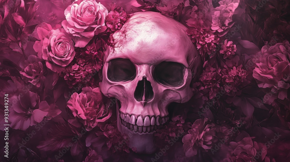 A skull surrounded by flowers, in pink and purple tones. A skull surrounded by flowers, in pink and purple tones.