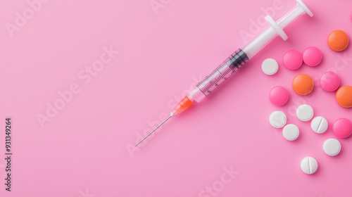 A syringe with a red and orange pill on top of it