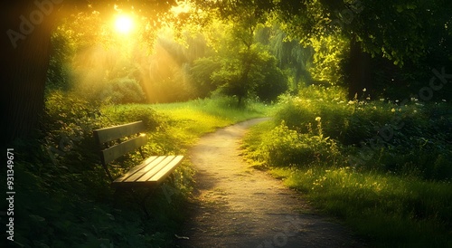 A serene park scene, with sun flare. an empty path leading to a bench overlooking nature's beauty.