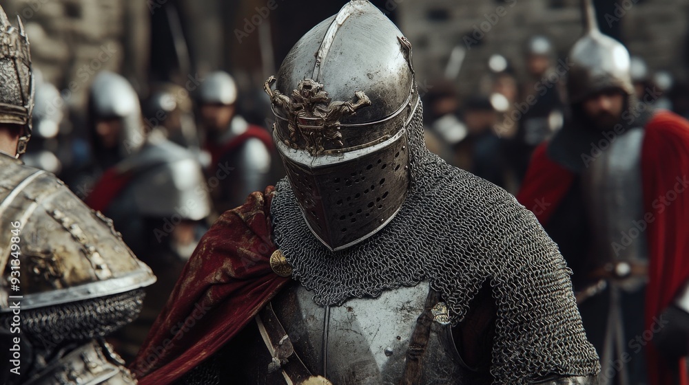 A knight kneels as the king performs a knighting ceremony, surrounded by other knights in a medieval setting A knight kneels as the king performs a knighting ceremony, surrounded by other knights in a medieval setting