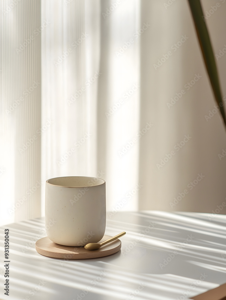 Elegant Zen Style Table Setting: A Ceramic Cup with a Gold Spoon and Wooden Coaster on a White Table. The Simple Background Features Natural Light and Light Beige Tones, Creating a Warm and Soft Atmos Elegant Zen Style Table Setting: A Ceramic Cup with a Gold Spoon and Wooden Coaster on a White Table. The Simple Background Features Natural Light and Light Beige Tones, Creating a Warm and Soft Atmos