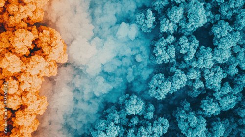 Dynamic contrast of orange and blue smoke clouds blending seamlessly, creating a mesmerizing abstract visual effect.