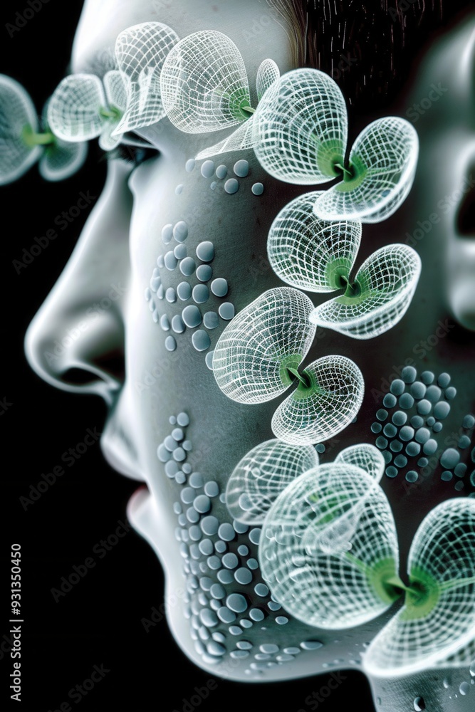 Obraz premium Surreal digital art of a human profile adorned with intricate geometric floral patterns on a dark background, symbolizing growth and creativity.