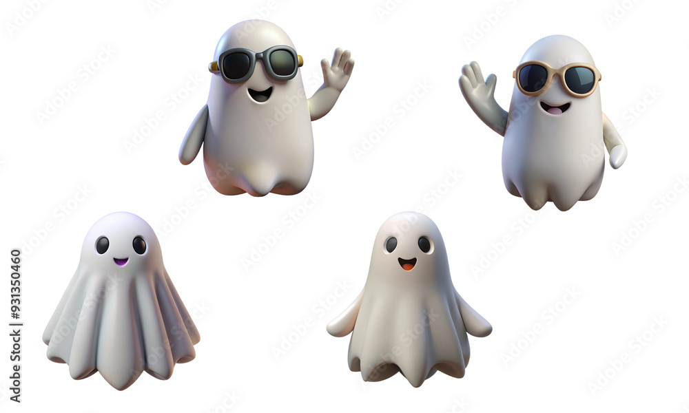 Fototapeta premium Cute White Ghost Set 3d Halloween Festival Isolated Transparent White Background