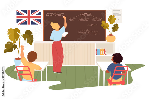 English language teacher explaining grammar to active smart children sitting at desk table in school classroom vector illustration. Education process concept