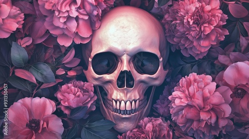 A skull surrounded by flowers, in pink and purple tones.