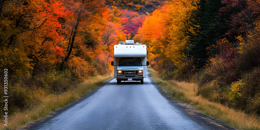 An RV driving down a road in an autumn forest landscape, with colorful trees and grass on both sides. The white motorhome has black windows, An RV driving down a road in an autumn forest landscape, with colorful trees and grass on both sides. The white motorhome has black windows,