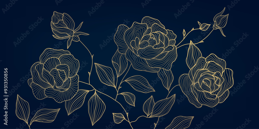 Vector gold on blue roses line art, elegant style flowers background. Leaves and bloom spring design, copper ornament, nature print, wall art Vector gold on blue roses line art, elegant style flowers background. Leaves and bloom spring design, copper ornament, nature print, wall art