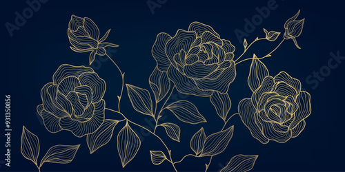 Vector gold on blue roses line art, elegant style flowers background. Leaves and bloom spring design, copper ornament, nature print, wall art