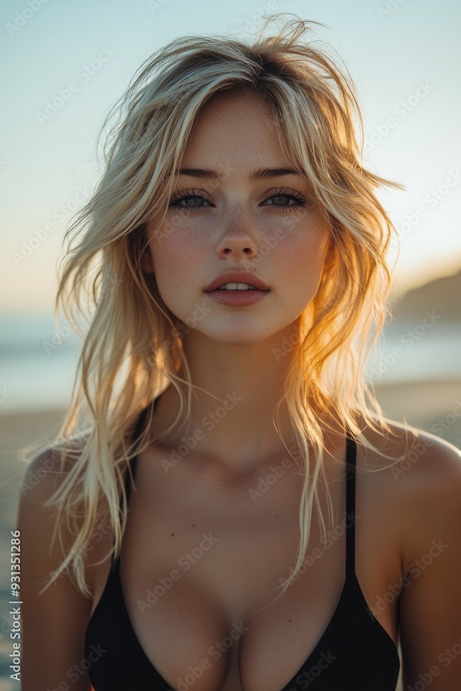 Beautiful blond woman posing on a beach at sunset Beautiful blond woman posing on a beach at sunset