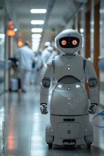 Autonomous robot in a hospital hallway, representing future healthcare and automated assistance in medical environments.