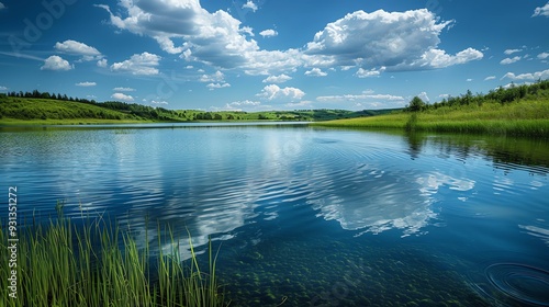 Fototapeta Naklejka Na Ścianę i Meble -  Serene lake with still water reflecting clouds, surrounded by green hills and grass under a vibrant blue sky.