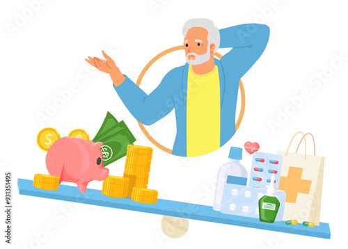 Comparison of pensioner financial income and spending money on medicines vector illustration. Shocked upset senior man patient feeling fatigue about high expenses on drugs for treatment