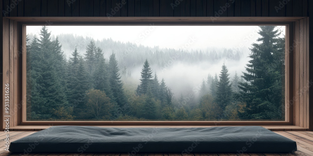 Cozy window seat with cushions overlooking a misty pine forest. Tranquil nature retreat with a calming view. Cozy window seat with cushions overlooking a misty pine forest. Tranquil nature retreat with a calming view.