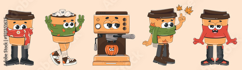 Autumn coffee characters in retro groovy style. Cozy mascots for cafeteria, coffee shop or restaurant. Coffee, tea and cocoa cups with fall flavors.