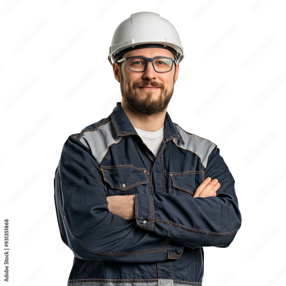 Professional engineer in safety gear, arms crossed, isolated on transparent background, ideal for construction industry promotions, engineering branding, and safety campaigns. Professional engineer in safety gear, arms crossed, isolated on transparent background, ideal for construction industry promotions, engineering branding, and safety campaigns.