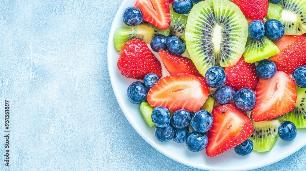 A bowl of fresh fruit salad featuring sliced strawberries, kiwis, and blueberries, garnished with mint leaves, on a light background. A bowl of fresh fruit salad featuring sliced strawberries, kiwis, and blueberries, garnished with mint leaves, on a light background.