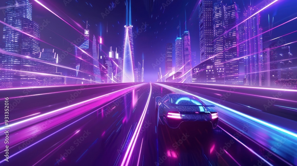 Neon Cityscape with a Speeding Car Neon Cityscape with a Speeding Car