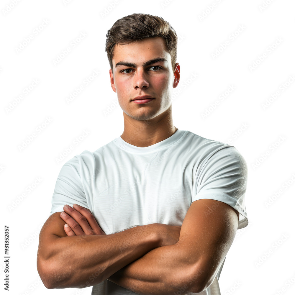 Confident young man with athletic build, arms crossed, isolated on transparent background, ideal for fitness marketing, sports promotions, and athletic branding. Confident young man with athletic build, arms crossed, isolated on transparent background, ideal for fitness marketing, sports promotions, and athletic branding.