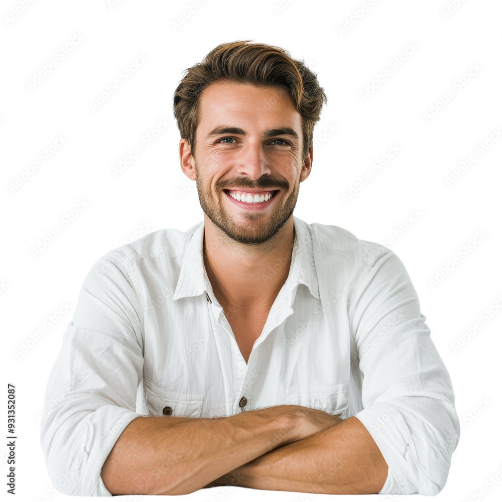Fototapeta premium Smiling young man with arms crossed, confident and approachable, isolated on transparent background, ideal for business presentations, social media content, and marketing materials.