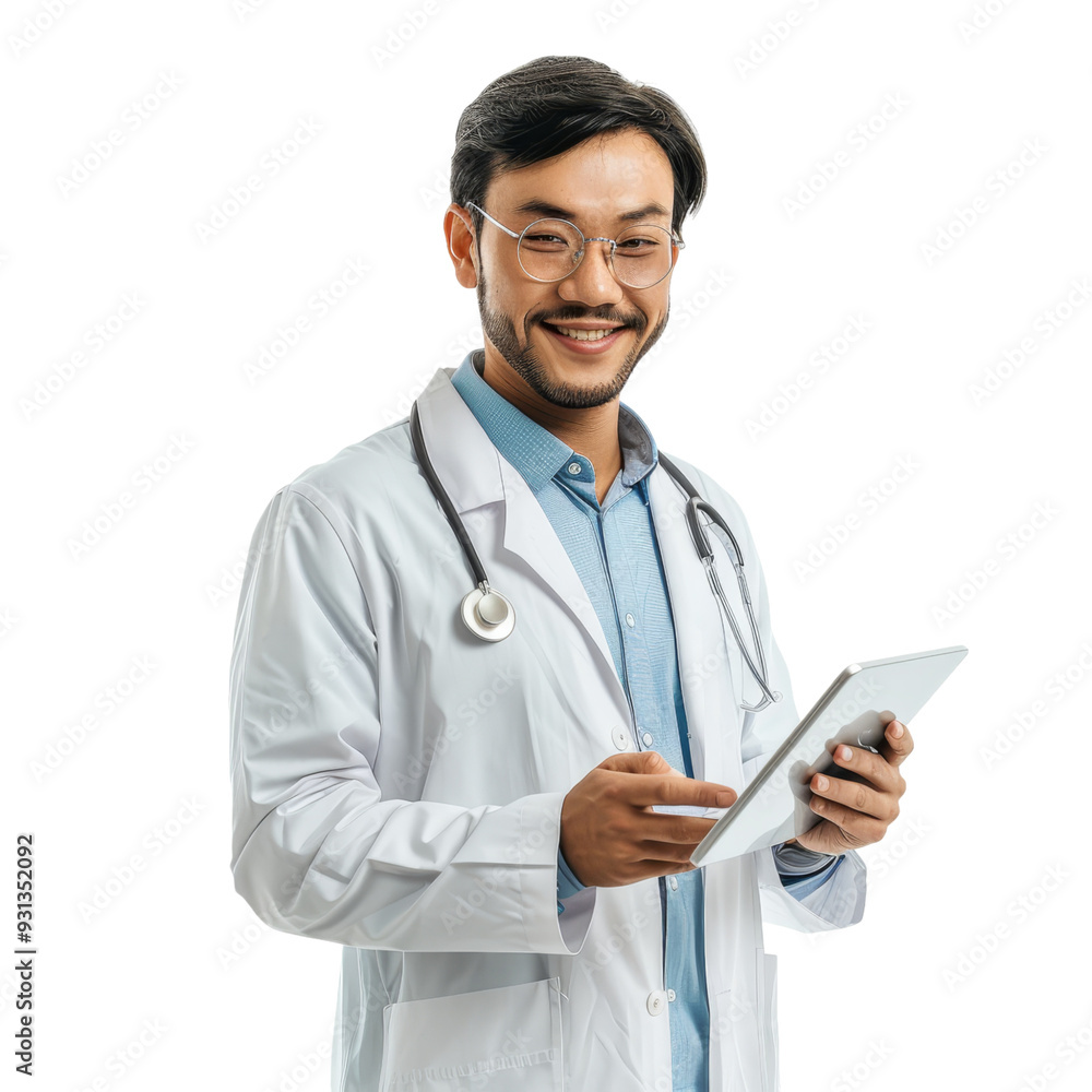 Smiling male doctor in white coat with tablet, isolated on transparent background, ideal for medical marketing, healthcare branding, and telemedicine promotions. Smiling male doctor in white coat with tablet, isolated on transparent background, ideal for medical marketing, healthcare branding, and telemedicine promotions.