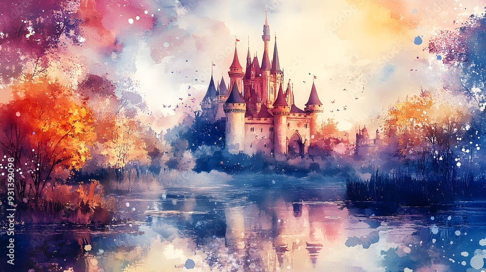 Magical watercolor painting of a fairy tale castle with a moat, in soft pastels, ideal for a child's room, full of charm and fantasy Magical watercolor painting of a fairy tale castle with a moat, in soft pastels, ideal for a child's room, full of charm and fantasy