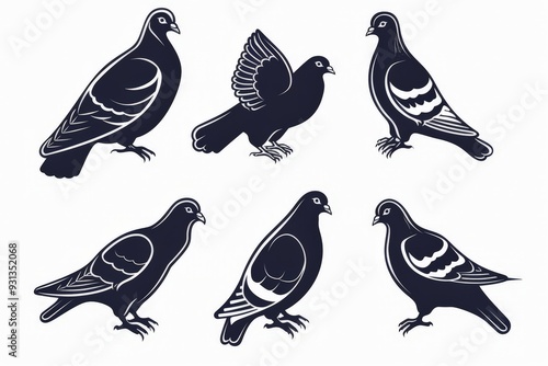 Set of pigeon animals emblem logo design with black pigeon line art icon vector illustration on white background photo