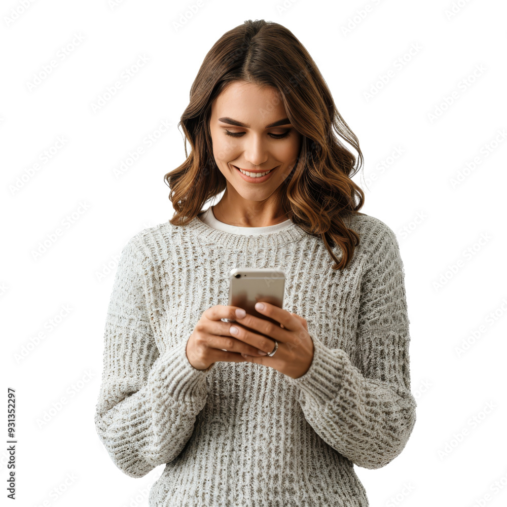 Smiling young woman texting on smartphone, isolated on transparent background, ideal for technology marketing, social media promotions, and lifestyle branding.