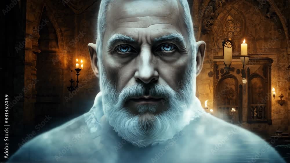 White ghost portrait. Guard silhouette walk old ancient gothic castle guarding house. Beautiful scary horror scene. Mystery cloak man looking at camera. Creepy shadow. Spirit indoor. Mysterious person White ghost portrait. Guard silhouette walk old ancient gothic castle guarding house. Beautiful scary horror scene. Mystery cloak man looking at camera. Creepy shadow. Spirit indoor. Mysterious person
