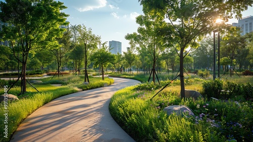 Serene urban park with walking path, lush green grass, and sunlight filtering through trees, offering a peaceful, natural escape in the city.