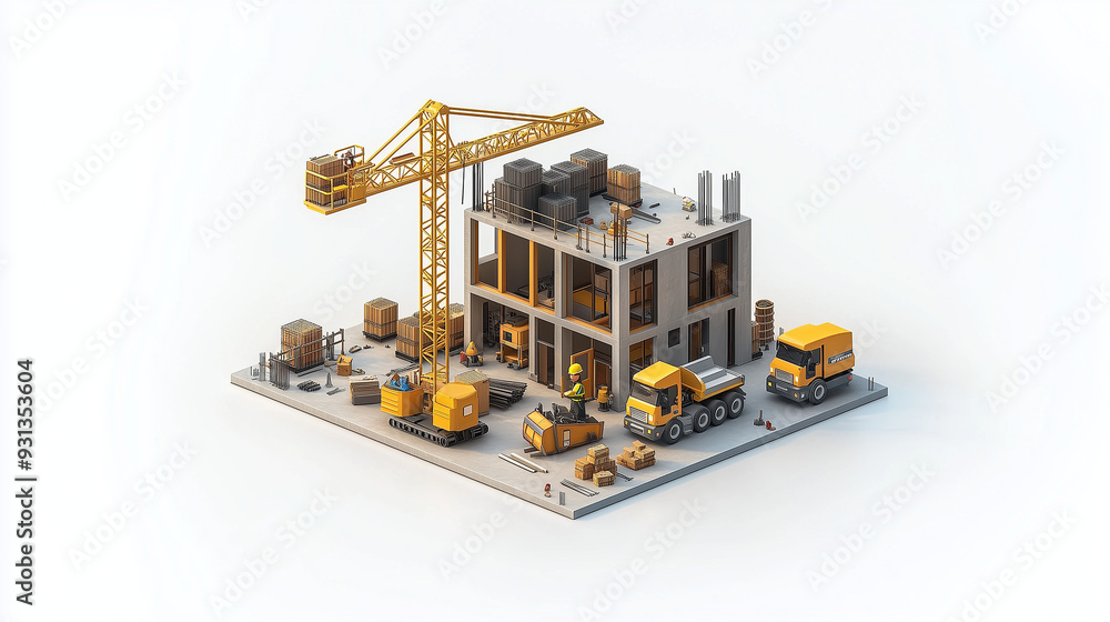 In a 3D isometric cartoon scene, a builder wearing a safety helmet operates a crane at a construction site filled with equipment and materials, using soft pastel colors of light gray and yellow.
In a 3D isometric cartoon scene, a builder wearing a safety helmet operates a crane at a construction site filled with equipment and materials, using soft pastel colors of light gray and yellow.