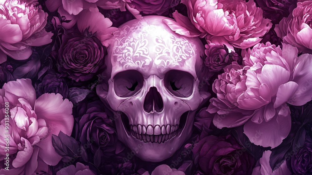 A skull surrounded by flowers, in pink and purple tones. A skull surrounded by flowers, in pink and purple tones.