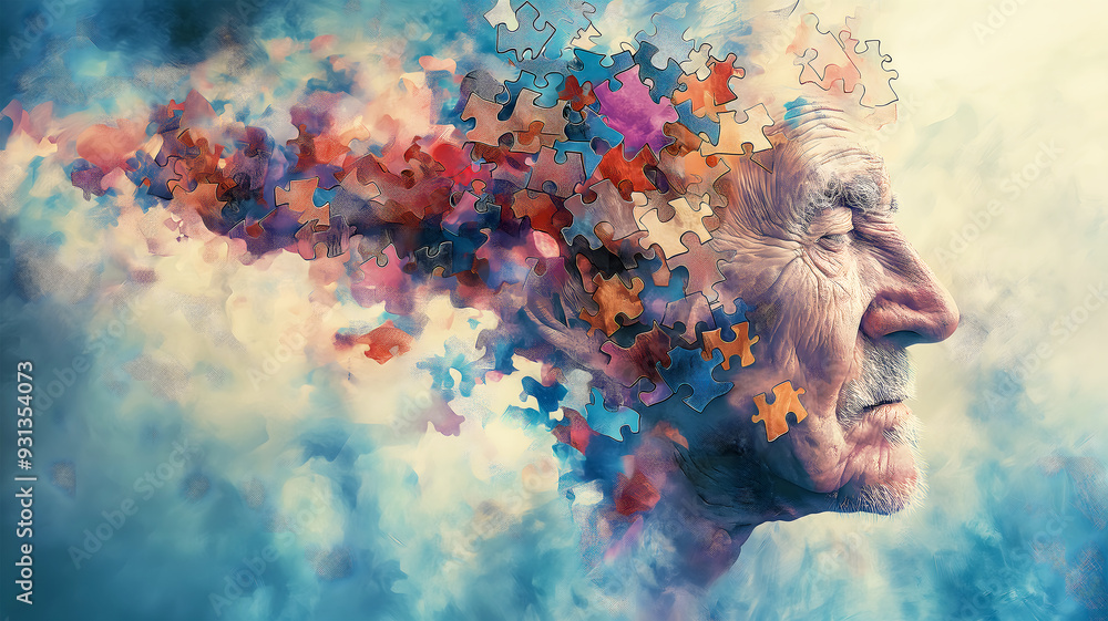 The concept of Mental Health day. Against the background of gray clouds, the head of an elderly man made of colorful flying puzzles. Psychology, dementia, memory loss, harmony with oneself in old age The concept of Mental Health day. Against the background of gray clouds, the head of an elderly man made of colorful flying puzzles. Psychology, dementia, memory loss, harmony with oneself in old age