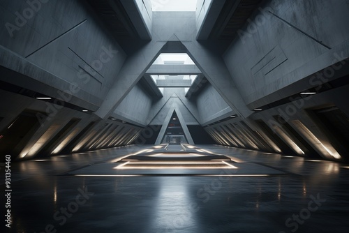 Futuristic concrete hallway with glowing lights.