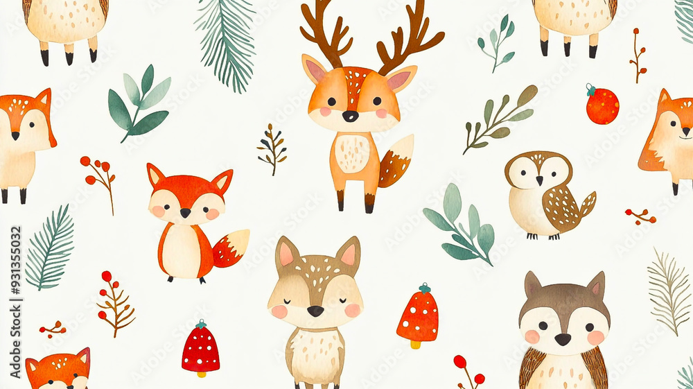 Drawings of deer and owls on a white background. Wrapping paper. Watercolor drawing Drawings of deer and owls on a white background. Wrapping paper. Watercolor drawing