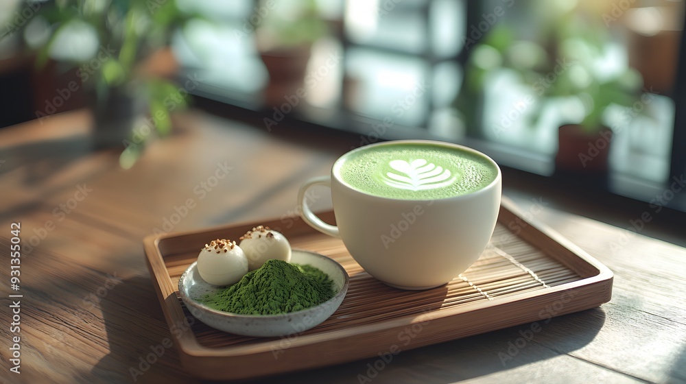 cup of matcha latte served on a bamboo tray with a side of traditional Japanese sweets, placed on a low wooden table with a minimalistic backdrop cup of matcha latte served on a bamboo tray with a side of traditional Japanese sweets, placed on a low wooden table with a minimalistic backdrop