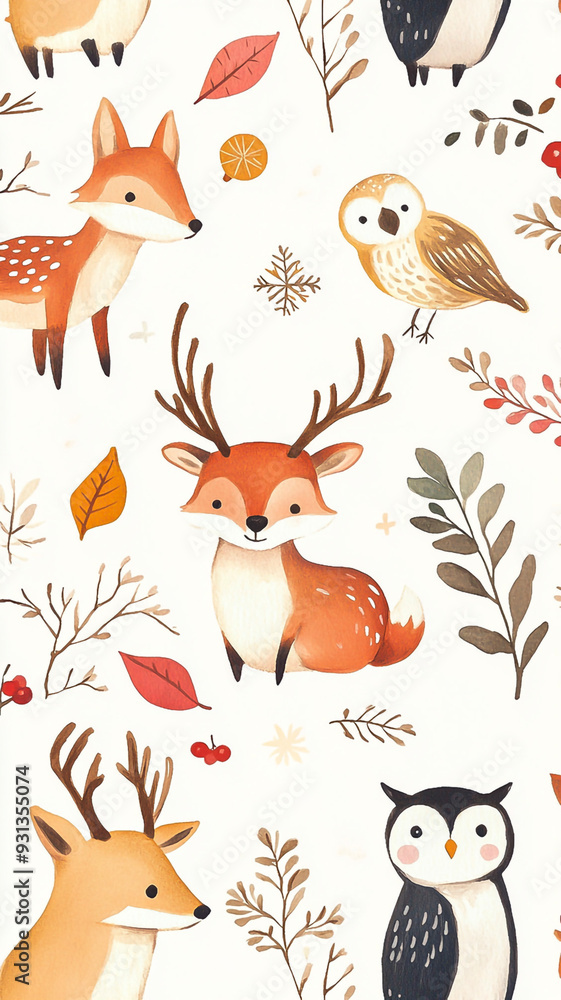 Fototapeta premium Drawings of deer and owls on a white background. Wrapping paper. Watercolor drawing