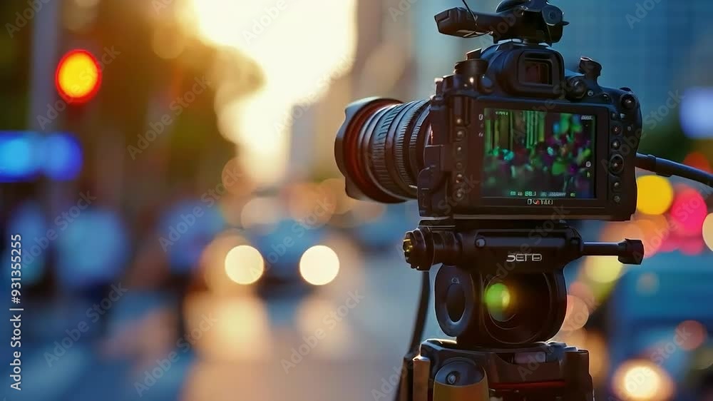 a video camera shooting a city street at dusk a video camera shooting a city street at dusk